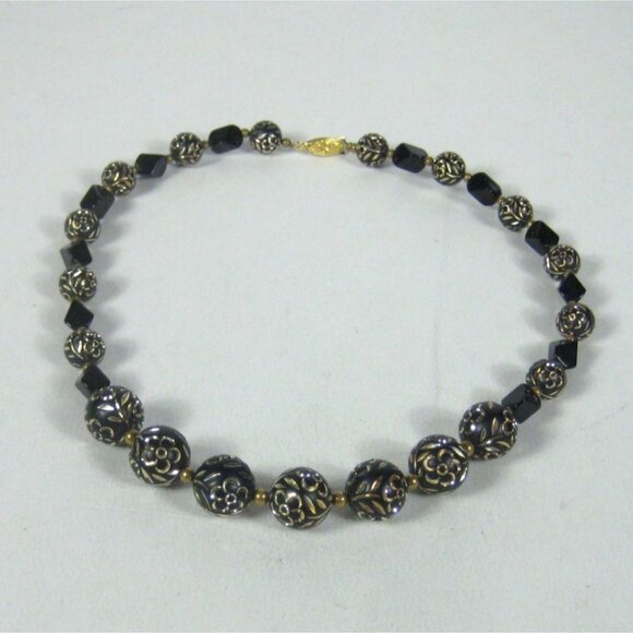 Beaded Necklace 19 inch Vintage Carved Floral Black Etched Round Acrylic Beads - Picture 1 of 8